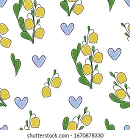 Patrón inexpresivo con flores amarillas y corazones azules sobre un fondo blanco. Textura vectorial para textiles, tejidos, calzado, papel de envoltura, servilletas, estuches de teléfono, bolsas.