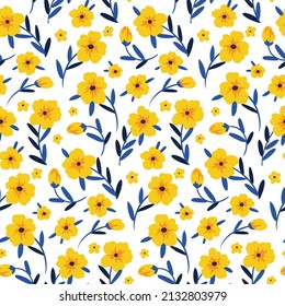 Seamless pattern with yellow flowers, blue leaves isolated on white background. Light floral print with small decorative flowers, leaves. Simple botanical background with hand drawn plants. Vector.