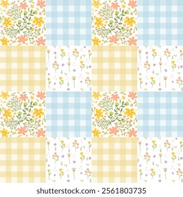 Seamless pattern of yellow flowers and blue checkerboard on white background, vector.