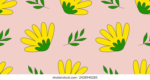 Seamless pattern with yellow flowers and branches on pink background, vector