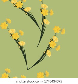 Seamless pattern with yellow flowers, buds and daffodil leaves on a light green background.
