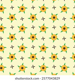Seamless pattern with yellow flowers and crosses on a yellow background