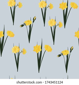 Seamless pattern with yellow flowers and daffodil buds in bouquets on a blue background.