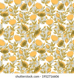 Seamless pattern of yellow flowers and dots on a white background.