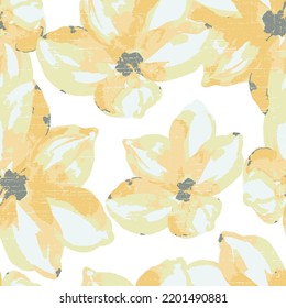 Seamless pattern of yellow flowers drawn with painted.For the design of the wallpaper or fabric, vintage style.Blooming flower painting for summer.Botany background.