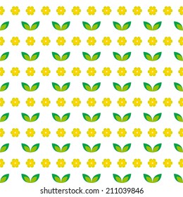 Seamless pattern with yellow flowers and green leaves on a white background