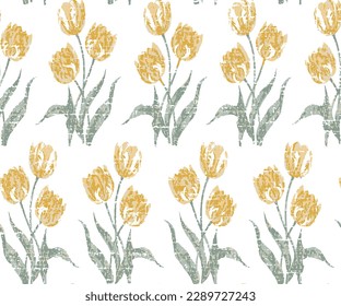 Seamless pattern with yellow  flowers and green leaves on a white background. A bouquet of tulips.