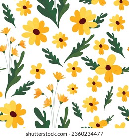 Patrón sin foco con flores amarillas y hojas verdes sobre un fondo blanco. Composición simple con flores artísticas. Impresión floral, fondo botánico romántico con flores aisladas.