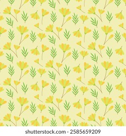 Seamless pattern with yellow flowers and green leaves