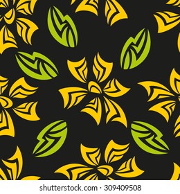 seamless pattern. Yellow flowers with green leaves on a black background