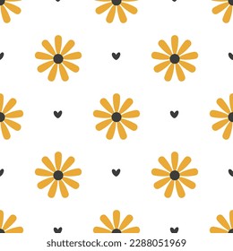 Patrón sin foco con flores y corazones amarillos
