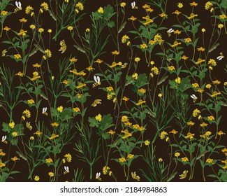 
Seamless pattern yellow flowers and insects. Pattern for fabric. Vector illustration. Abstraction.