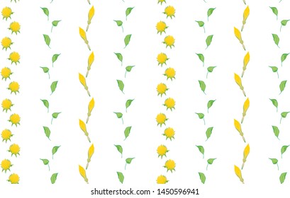 Seamless pattern of yellow flowers and leaves - sunflower arranged in lines. The collection is hand-drawn for the design of flora, frames, cards, textiles, printing and more. 