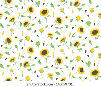 Seamless pattern of yellow flowers and leaves - blooming sunflower. The collection is hand-drawn for the design of flora, frames, cards, textiles, printing and more. 
