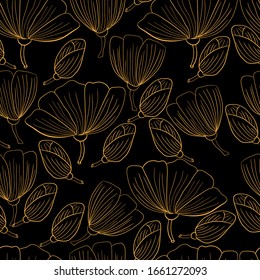 Patrón inoxidable con flores amarillas y hojas sobre un fondo negro. Apropiado para tela, papel de envoltura, papel pintado, bolsas, ropa, vajilla, estuches en smartphones y tabletas, carteras.