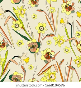 Seamless pattern with yellow flowers and leaves of daffodils on cream beige background. Tropical flowers vector illustration.