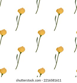 Seamless pattern with yellow flowers and leaves. Statica buds. Summer in the garden. Floral polka dot. Limonium plant.