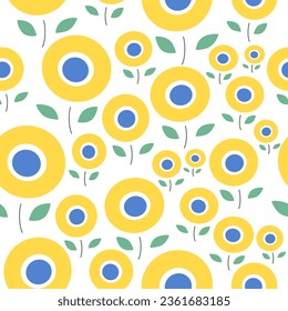 Seamless pattern with yellow flowers and leaves. Vector illustration.