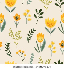 Patrón sin costuras con flores y hojas amarillas. Ilustración vectorial.