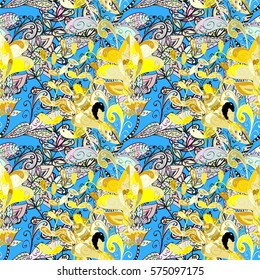 Seamless pattern with yellow flowers with leaves on blue background. Vector illustration texture.