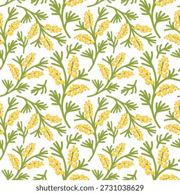 Seamless pattern with yellow flowers and mimosa leaves on white background. Vector illustration for spring holiday design, Mother's or International Women's Day