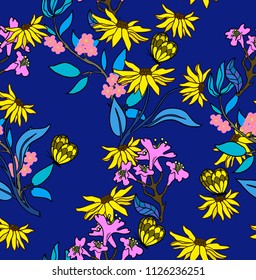 Seamless pattern with  yellow flowers on a blue background. 