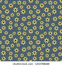 Seamless pattern of yellow flowers on a blue background.