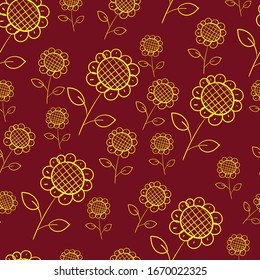 Seamless pattern with yellow flowers on a burgundy color background. Use for fabric, wrapping paper, wallpaper, print, backdrops, napkins, bags, merchandise, clothing, and artwork.