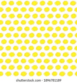 Seamless pattern of yellow flowers on white background.
Endless bright backdrop with various dandelions.
Hand-drawn blowballs, floral. Vector illustration