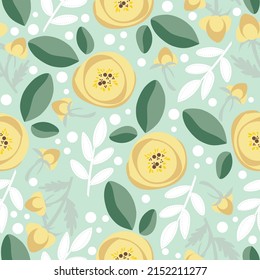 Seamless pattern. Yellow flowers on a mint background. Green and white leaves. Colorful. Vector texture. Print. Abstract.