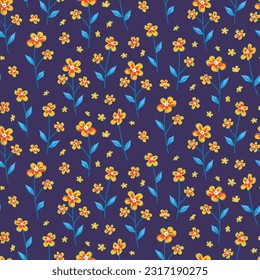 Seamless pattern of yellow flowers on dark blue background. Floral print