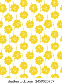 Seamless pattern with yellow flowers on a white background. Repeating pattern, hand-drawn fabric, gift wrapping, wall art design.