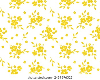 Patrón sin costuras con flores amarillas sobre un fondo blanco. Patrón repetido, flores de campana, pintado a mano en la tela, envoltura de regalo, decoración de la pared.