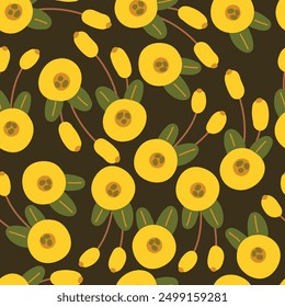 Seamless pattern with yellow flowers on black background.Abstract vector texture for textile, fabric, wrapping paper.	
