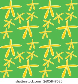 Seamless pattern with yellow flowers on a green background. Vector illustration