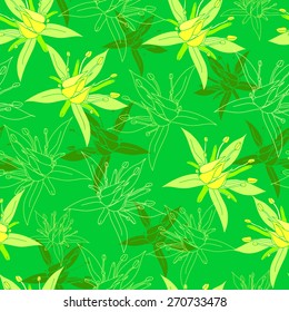 Seamless pattern with yellow flowers on a green background. Hand drawn artwork for textiles, fabrics, souvenirs, packaging and greeting cards.