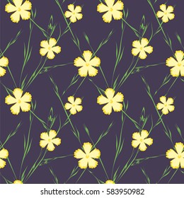 Seamless pattern with yellow flowers on dark blue background. Vector illustration.