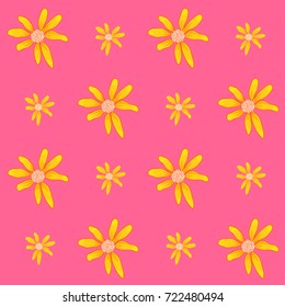 Seamless pattern with yellow flowers on pink background. Cute springtime daisies.