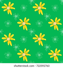 Seamless pattern with yellow flowers on green background. Cute springtime daisies.