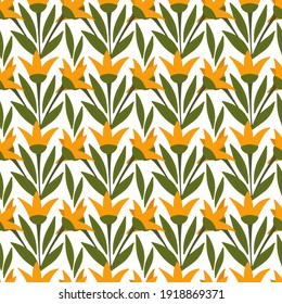 Patrón sin foco con flores amarillas. Lirios naranjas y hojas verdes. Plantas. Ilustración vectorial dibujada a mano. Ornamento botánico natural repetitivo. Se puede usar para textiles, papel pintado.