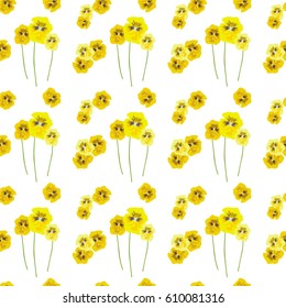 Seamless pattern with yellow flowers pansies on stalks on white background. The light airy texture. Delicate fashionable background for textiles, Wallpaper, and various designs. vector