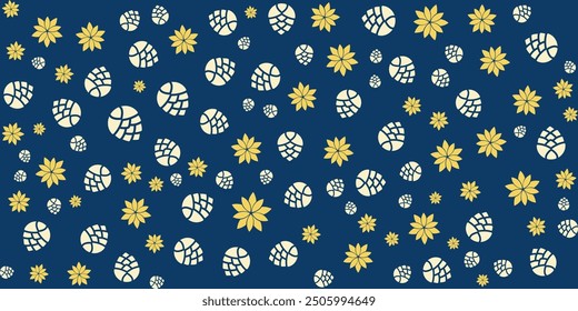 Seamless  pattern of yellow flowers and pine cones on a blue background. Perfect for autumn themed designs.