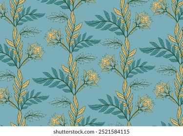 Patrón sin fisuras con flores amarillas. Elemento de diseño repetitivo para imprimir sobre tela. Florecer y florecer las plantas. Decoraciones y fondos de primavera. Ilustración vectorial plana