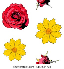 Seamless pattern with yellow flowers and roses on white background