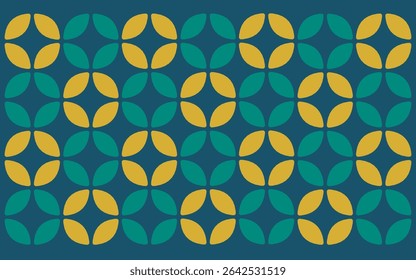 padrão sem costura com flores amarelas. Design étnico simples com pétalas amarelas e negras entrelaçadas em um fundo azul-petróleo. Brilhante e animado batik-inspirado olhar. Design de fundo floral	