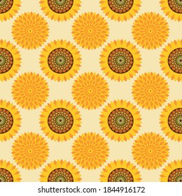 Seamless pattern with yellow flowers of a sunflower with seeds and flowers the Golden sphere. Packaging.