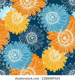 Seamless pattern with yellow flowers. Sunflower seamless patterns. Vector line yellow flowers texture background. Illustration floral spring