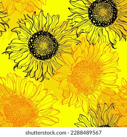 Seamless pattern with yellow flowers. Sunflower seamless patterns. Vector line yellow flowers texture background. Illustration floral spring