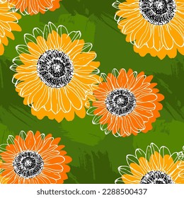 Patrón sin foco con flores amarillas. Patrones sin costuras de girasol. Fondo de textura de las flores amarillas de la línea del vector. Ilustración de resorte floral