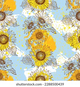 Seamless pattern with yellow flowers. Sunflower seamless patterns. Vector line yellow flowers texture background. Illustration floral spring